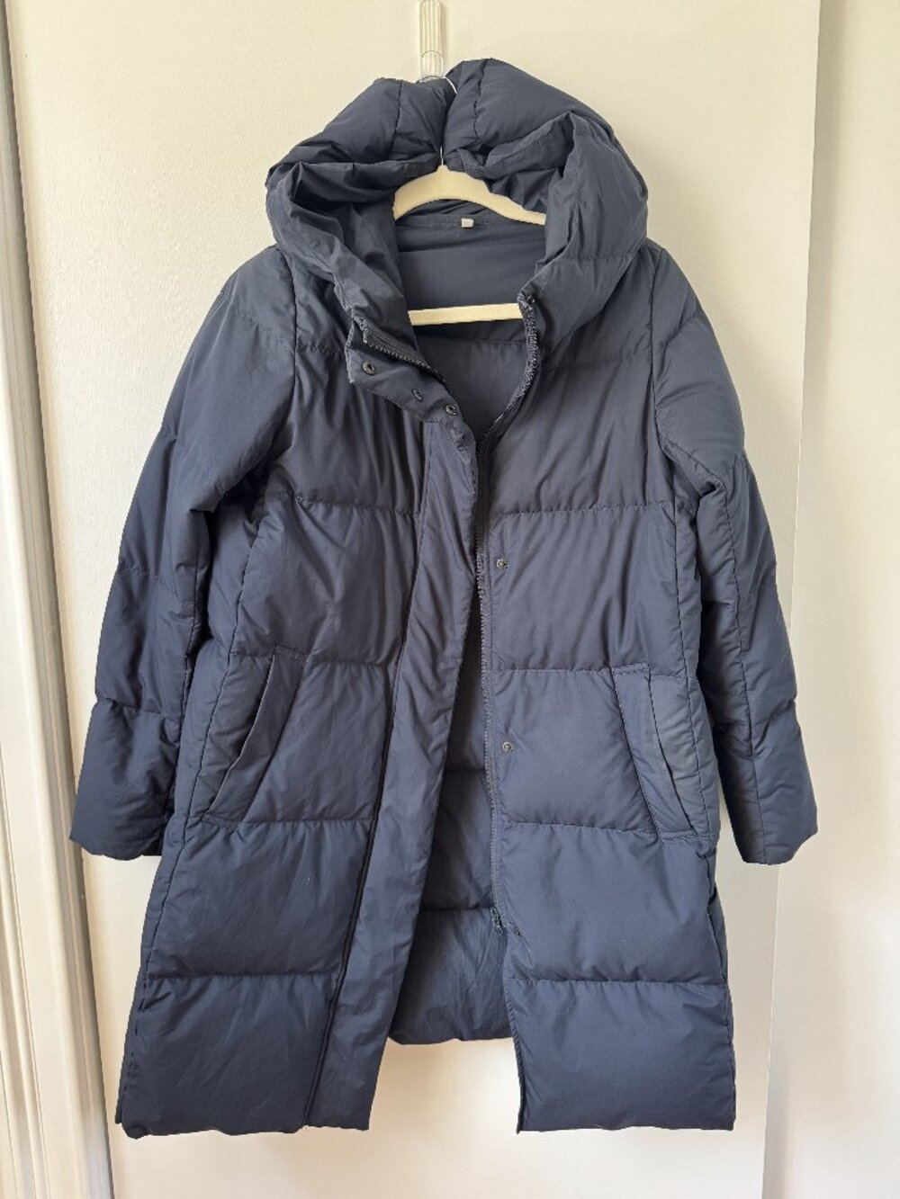 Muji navy long hooded puffer (Womens XS)